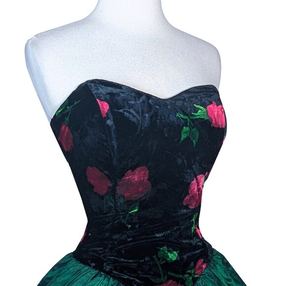 Vintage 80s CORSET Rose Floral Black Velvet Strapless Green Prom Party Dress S - Picture 12 of 16